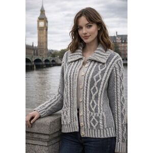 Aran Crafts 100% Merino Wool Cable Knit Cardigan Sweater‎ Ireland M